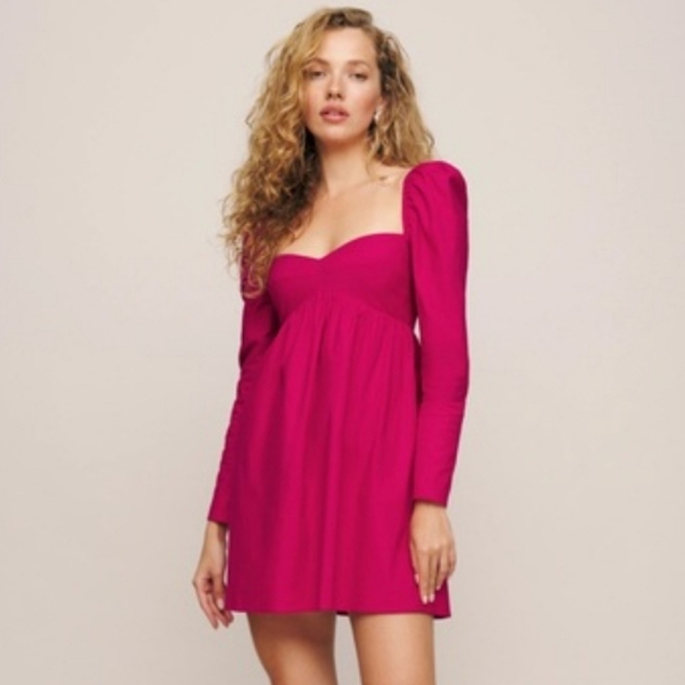 Reformation‎ Kenzi Babydoll Sweatheart Neckline Mini Dress Rhubarb Pink Feminine